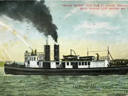 Postcard - "James Battle" Fire Tug in Action, Detroit, Mich. throws 7,500 gallons per minute.