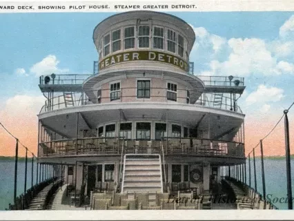 Postcard - Forward Deck, Showing Pilot House. Steamer Greater Detroit.