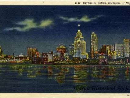 Postcard - Skyline of Detroit, Michigan, at Night