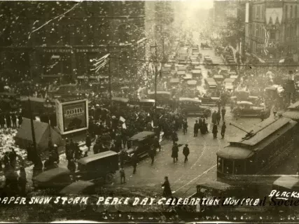 Postcard - Paper Snow Storm, Peace Day Celebration Nov 1918