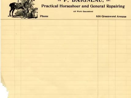 Bill-of-sale - P. Daigneau, Dr. - Practical Horseshoer and General Repairing
P. Daigneau & Van Antwerp, Dr. - Practical Horseshoers