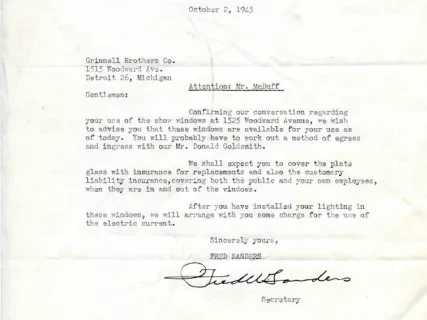 Letter - Fred W. Sanders Confectioners
(letter to Grinnell Brothers)
