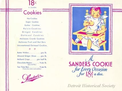 Menu - A Sanders Cookie for Every Occasion for 18¢ a Dozen