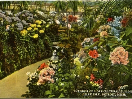 Postcard - Interior of Horticultural Building, Belle Isle, Detroit, Mich.
