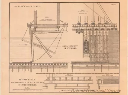 Lithograph - St. Mary's Falls Canal, 
Movable Dam.  Arrangement of Wickets and Counterweight.