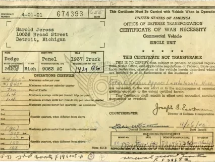 Certificate - Certificate of War Necessity
Commercial Vehicle
Single Unit