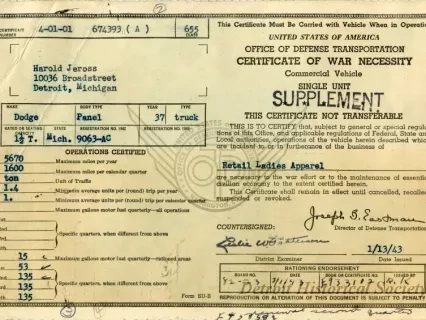 Certificate - Certificate of War Necessity 
Commercial Vehicle
Single Unit
SUPPLEMENT