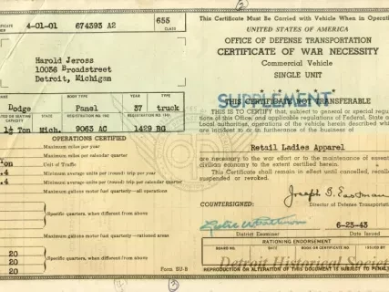 Certificate - Certificate of War Necessity
Commercial Vehicle
Single Unit
SUPPLEMENT