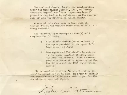 Letter - Weekly Operation Report and Tire Inspection Record