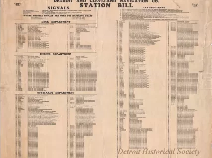 Poster, Instructional - Steamers Greater Detroit and Greater Buffalo
Detroit and Cleveland Navigation Co.
Station Bill