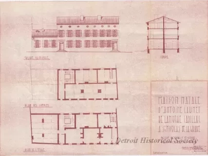 Drawing - Maison Natale d'Antoine Laumet de la Mothe Cadillac
à St. Nicolas de la Grave - Façade Principale et Coupe.
Plans de l'Étage et des Combles.