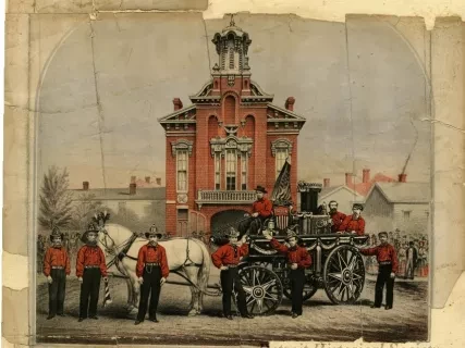 Lithograph - Phoenix Steam Fire Engine No. 3 of Detroit as it apeared in the funeral procession of the late President Lincoln, April, 25th 1865. Presented by Robert Meginity