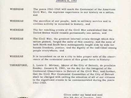 Proclamation - Inauguration of the Centennial Observance in Detroit of the Civil War