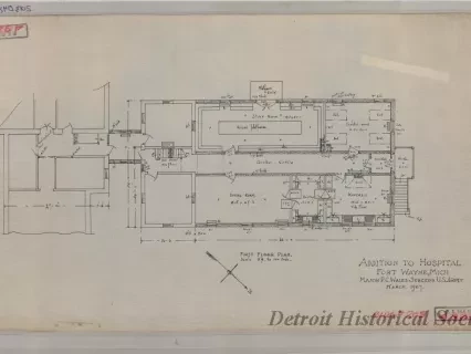 Drawing, Architectural - Addition to Hospital, Fort Wayne, Michigan.
Major P. G. Wales, Surgeon, U.S. Army. March, 1907