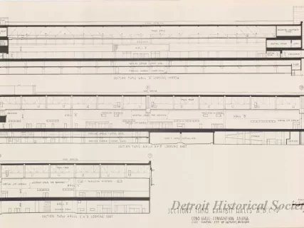 Drawing, Architectural - Sections Thru Exhibit Halls A, B, C, & D, 
Cobo Hall - Convention Arena, 
Civic Center - City of Detroit, Michigan