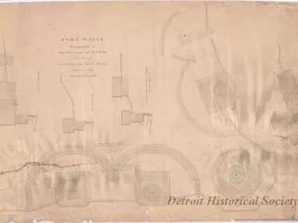 Drawing, Architectural - Fort Wayne,
Arrangement of Gun Platforms and B. H. Wall, 
and Method of Reinforcing Pintle Stones