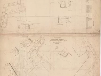 Drawing, Architectural - No. 4, Fort Wayne,
Plan & Sections of a Flank & Adjoining Portion of a Curtain & Face;
Showing the Intended Masonry of Scarp and Flank Casemates for All the Work Except the East Bastion
