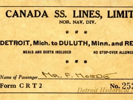 Ticket, Transportation - Canada SS. [Steamship] Lines, Limited
Nor. Nav. Div. [Northern Navigation Division]