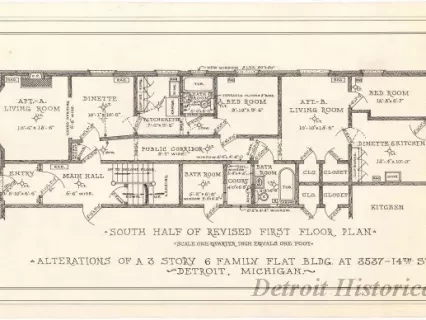 Drawing, Architectural - Alterations of a 3 Story, 6 Family Flat Bldg. at 3537 14th St.,
Detroit, Michigan
