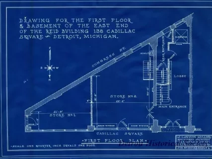 Blueprint - Drawing for the First Floor & Basement of the East End of the Reid Building, 138 Cadillac Square, Detroit, Michigan
