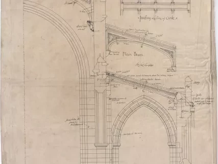 Drawing, Architectural - Cross Section Through Nave and Aisles Showing Truss and Roofs,
Transept Window