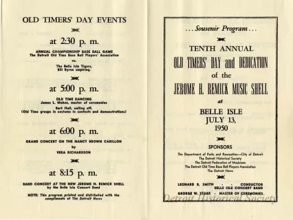 Program, Concert - Tenth Annual Old Timers' Day and Dedication of the Jerome H. Remick Music Shell, at Belle Isle July 13, 1950