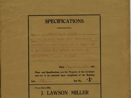 Specification - Specifications for Mr. R. W. Hawley for a Solid Brick Three Story, Three Family Apartment Building Located on the West Side of Ferry Avenue West Between Woodward and Cass Avenues, Detroit, Michigan.