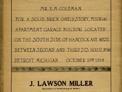 Specification - Specifications for Mr. E. M. Coleman for a Solid Brick One Story, Four Apartment Garage Building Located on the South Side of Hancock Ave. West Between Second and Third Streets, Detroit, Michigan.