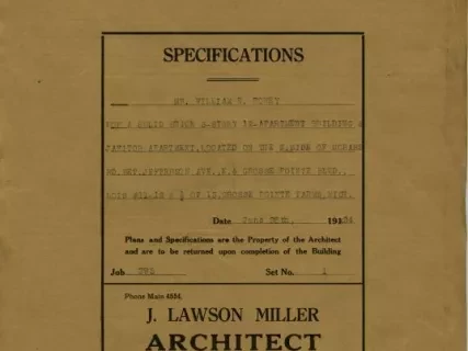 Specification - Specifications - Mr. William E. Roney for a Solid Brick 3-Story, 12-Apartment Building & Janitor Apartment, Located on the North Side of Morass [Moross] Road Bet. Jefferson Ave. & Grosse Pointe Blvd., Lots #11-12 & ½ of 13, Grosse Pointe F