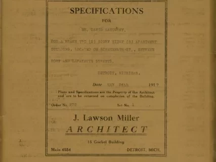 Specification - Specifications for Mr. David Satovsky for a Frame Two Story Eight Apartment Building Located on Nineteenth Street, Between Fort and Lafayette Streets, Detroit, Michigan.