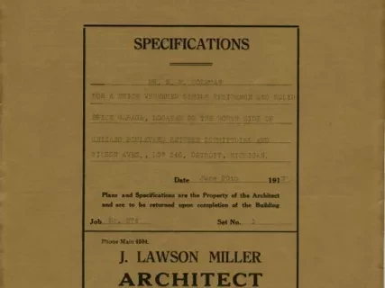 Specification - Specifications - Mr. E. M. Coleman for a Brick Veneered Single Residence and Solid Brick Garage, Located on the North Side of Chicago Boulevard Between Schmittdiel and Wilson Aves., Lot 346, Detroit, Michigan.