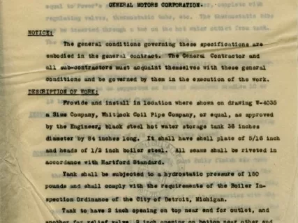 Specification - Specifications for Hot Water Storage Tank, Storage and Service Stock Building, Clark Avenue - Cadillac Plant, Detroit, Michigan, General Motors Corporation.