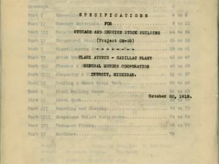 Specification - Specifications for Storage and Service Stock Building, Clark Avenue - Cadillac Plant, Detroit, Michigan, General Motors Corporation.