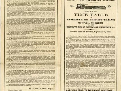 Schedule - Detroit and Milwaukee Railway, No. 20, Private Time Table of Passenger and Freight Trains; And Special Instructions for the Exclusive Use of Conductors, Enginemen, &c. to take effect on Monday, September 6, 1858.