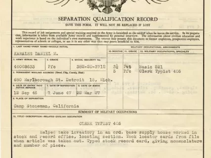 Form - Army of the United States Separation Qualification Record