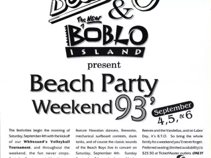 Poster - The Beach Boys & the New BobLo Island Present 
Beach Party Weekend '93, September 4, 5, & 6