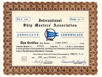Certificate, Membership - International Ship Masters' Association,
Grand Lodge Associate Certificate