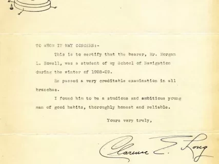 Letter - Clarence E. Long Navigation and Marine Engineering School