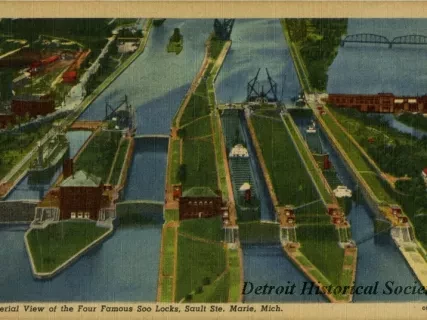 Postcard - Aerial View of the Four Famous Soo Locks, Sault Ste. Marie, Mich.