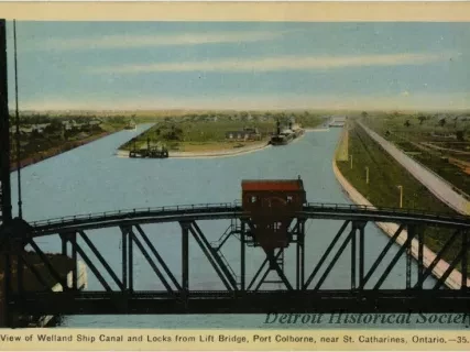 Postcard - View of Welland Ship Canal and Locks from Lift Bridge, Port Colborne, Near St. Catharines, Ontario.--35