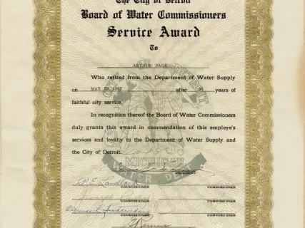 Certificate, Commemorative - The City of Detroit
Board of Water Commissioners Service Award