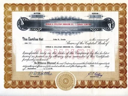 Certificate, Stock - Dunbar & Sullivan Dredging Co. (Canada) Limited