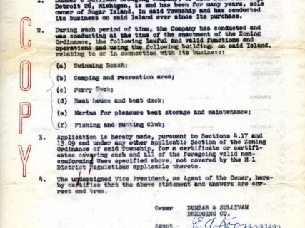 Letter - Dunbar & Sullivan Dredging Co. 
Sugar Island, Non Conforming Use Registration and Petition for Certificate, Township of Grosse Ile, Michigan