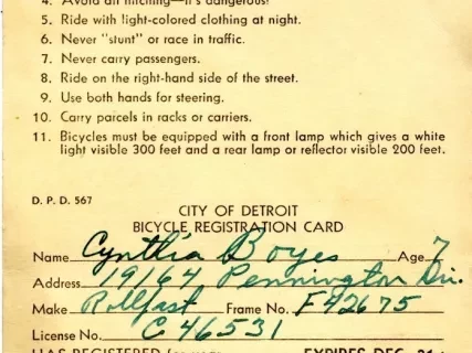 Card, Documentary - City of Detroit
Bicycle Registration Card