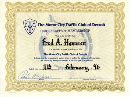 Certificate, Membership - The Motor City Traffic Club of Detroit