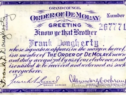 Card, Membership - Grand Council,
Order of DeMolay
