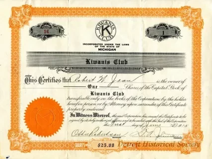 Certificate, Stock - Kiwanis Club