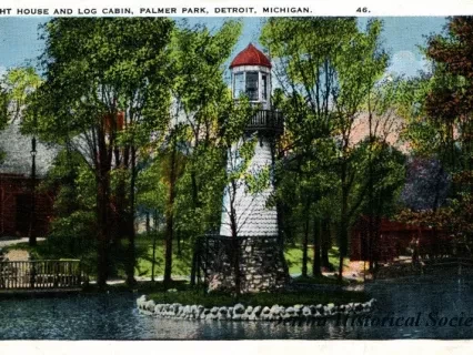 Postcard - Light House and Log Cabin, Palmer Park, Detroit, Michigan