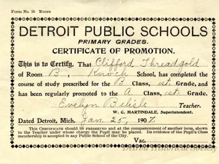 Certificate, Achievement - Detroit Public Schools
Primary Grades
Certificate of Promotion