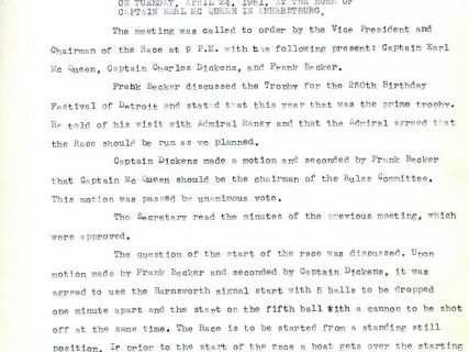 Minutes - Minutes of the Rules Committee Meeting Held on Tuesday, April 24, 1951, at the Home of Captian Earl McQueen in Amherstburg
